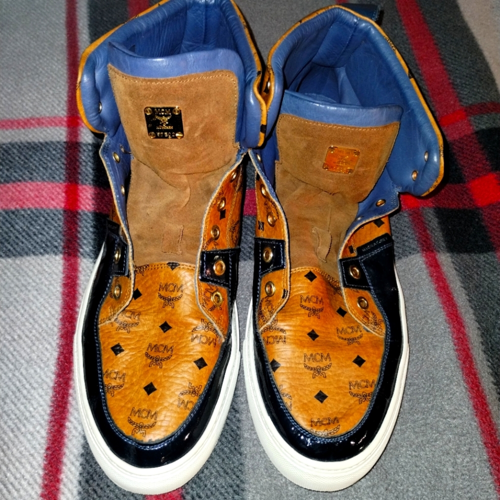 MCM x Michalsky High Top Sneakers Blue Printed Leather & Patent Leather Trim